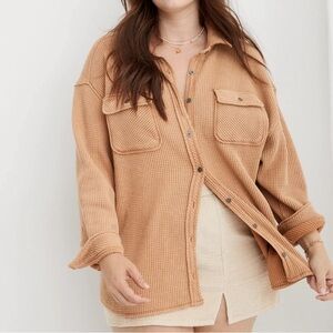 Aerie Oversized Lumber Jane Waffle Button Down Shirt in Navy blue